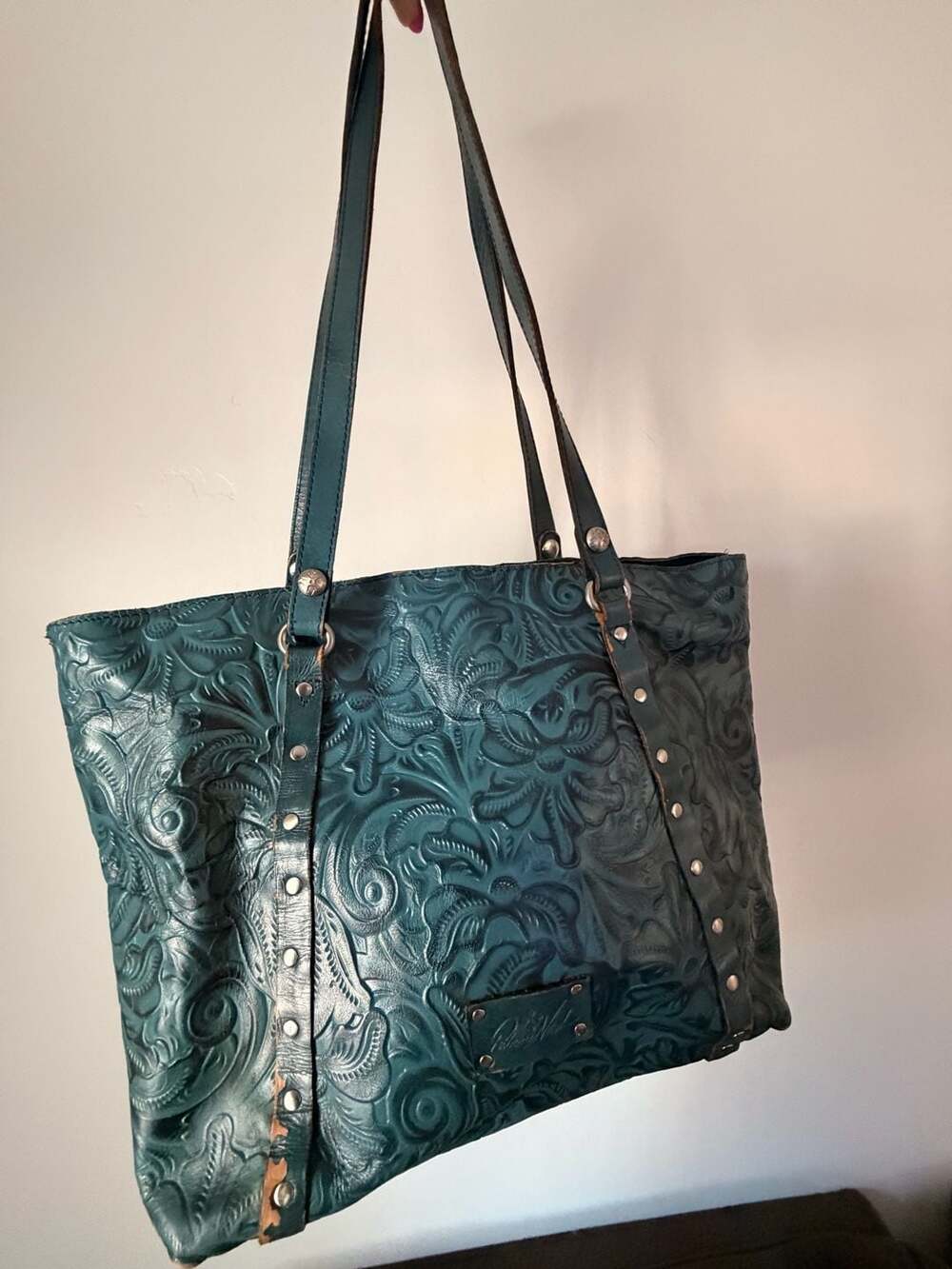 Vintage Patricia Nash Tooled Leather Tote Bag Cerulean Blue